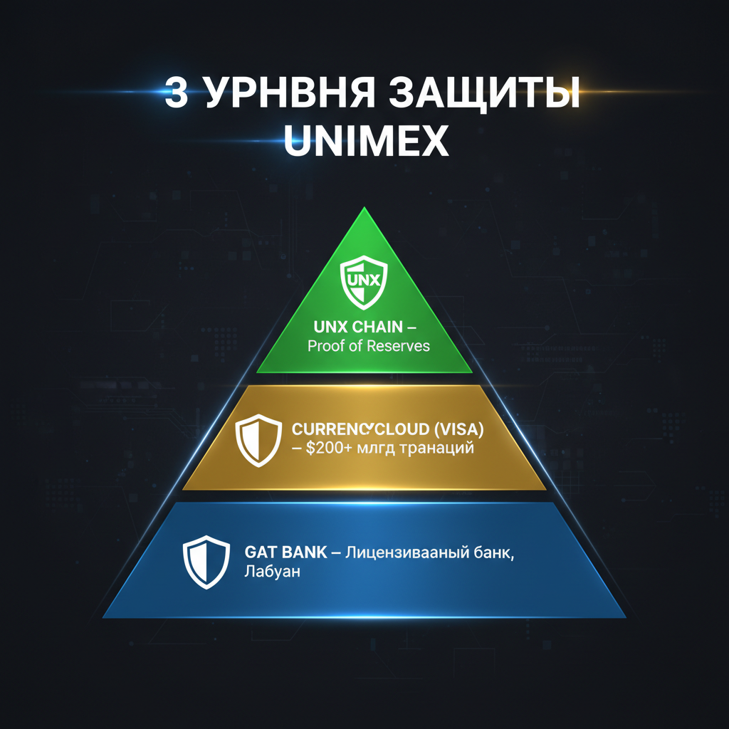 3 уровня защиты средств UniMex - GAT Bank, Currencycloud, UNX Chain