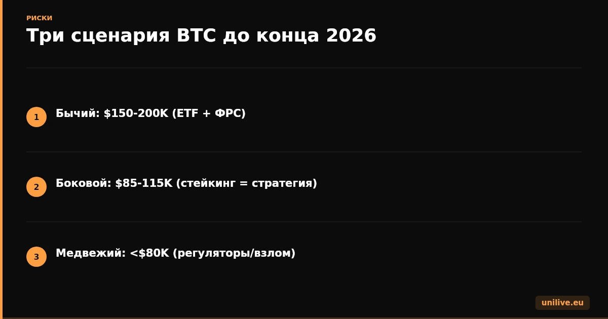 Bitcoin три сценария 2026 - бычий, боковой, медвежий