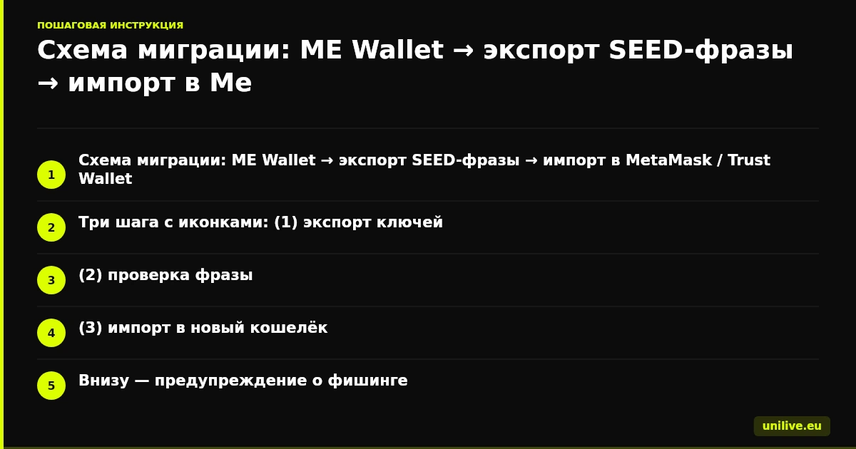 Схема миграции: ME Wallet → экспорт SEED-фразы → импорт в MetaMask / Trust Wallet. Три шага с иконками: (1) экспорт ключей, (2) проверка фразы, (3) импорт в новый кошелёк. Внизу - предупреждение о фишинге.