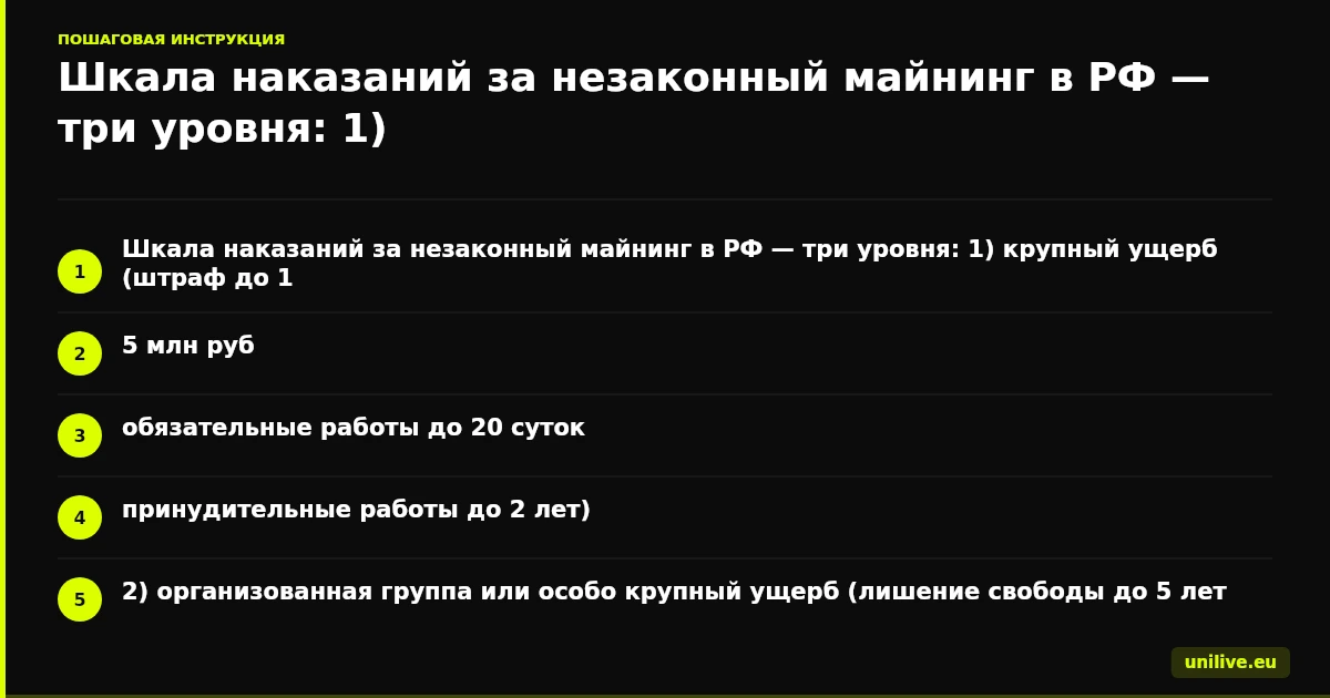 Шкала наказаний за незаконный майнинг в РФ: три уровня: 1) крупный ущерб (штраф до 1,5 млн руб., обязательные работы до 20 суток, принудительные работы до 2 лет); 2) организованная группа или особо крупный ущерб (лишение свободы до 5 лет, штраф до 2,5 млн руб.); 3) сроки вступления закона в силу (10 дней после подписания президентом)