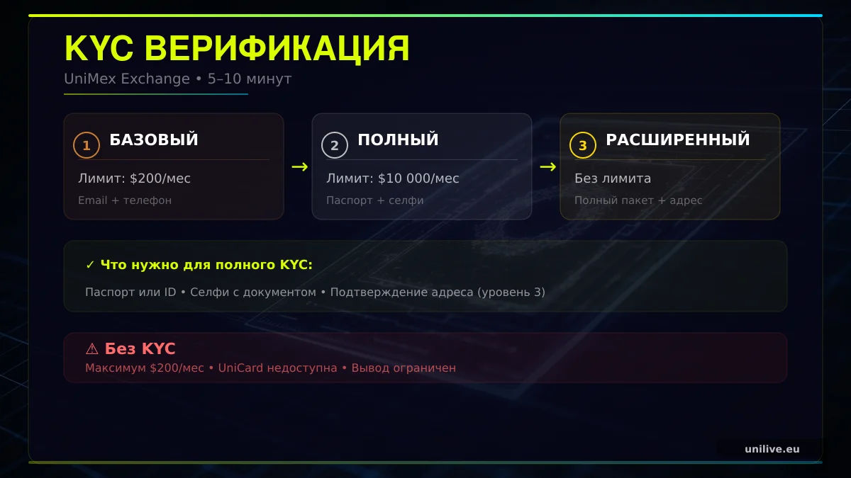 KYC уровни UniMex: базовый, полный и расширенный