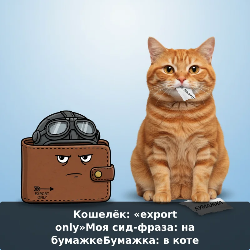 Кошелёк: «export only»
Моя сид-фраза: на бумажке
Бумажка: в коте
