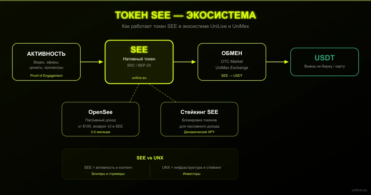 Схема экосистемы токена SEE: активность, заработок, обмен на USDT
