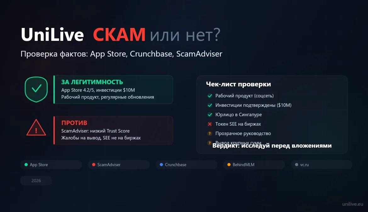 UniLive скам или пирамида: проверка фактов в 2026 году
