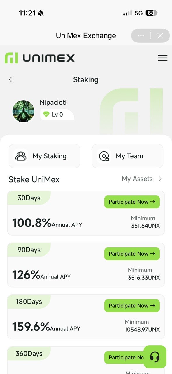Интерфейс стейкинга UNX на бирже UniMex