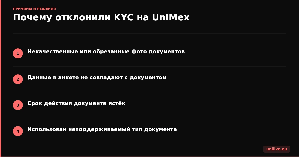 Почему отклонили KYC на UniMex
