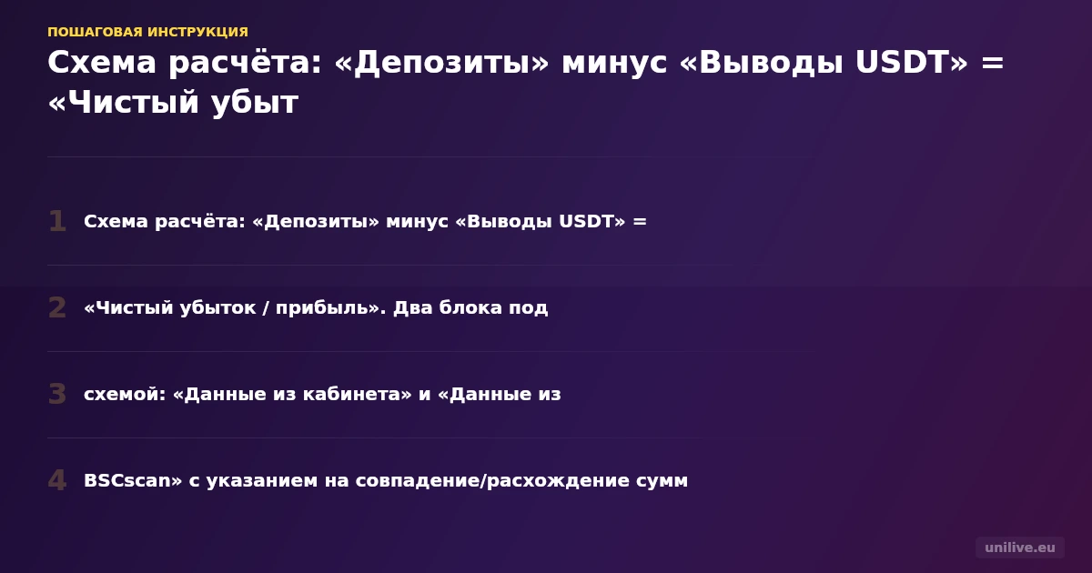 Схема расчёта: «Депозиты» минус «Выводы USDT» = «Чистый убыток / прибыль». Два блока под схемой: «Данные из кабинета» и «Данные из BSCscan» с указанием на совпадение/расхождение сумм