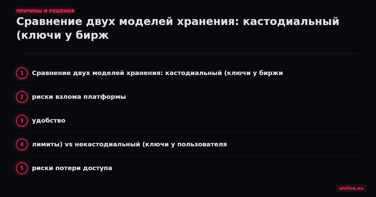 Сравнение двух моделей хранения: кастодиальный (ключи у биржи, риски взлома платформы, удобство, лимиты) vs некастодиальный (ключи у пользователя, риски потери доступа, полный контроль, нет лимитов). Две колонки с иконками рисков и преимуществ, нейтральная инфографика.