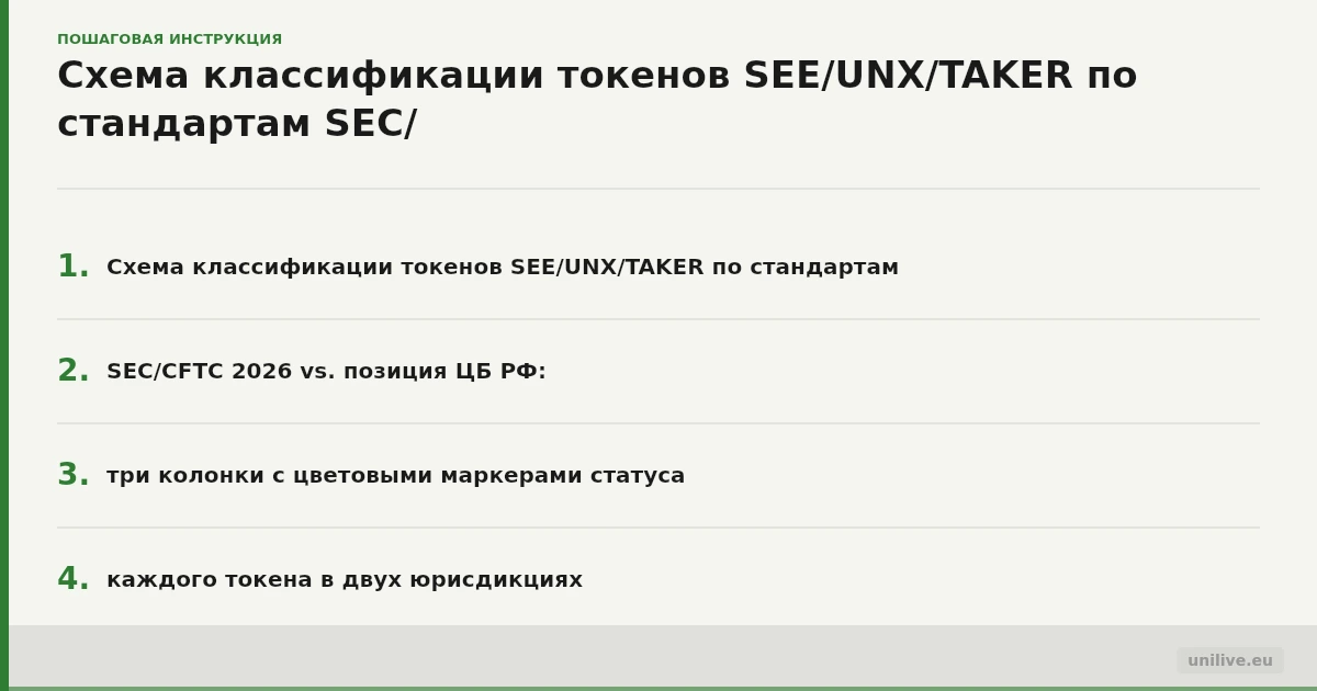 Схема классификации токенов SEE/UNX/TAKER по стандартам SEC/CFTC 2026 vs. позиция ЦБ РФ: три колонки с цветовыми маркерами статуса каждого токена в двух юрисдикциях