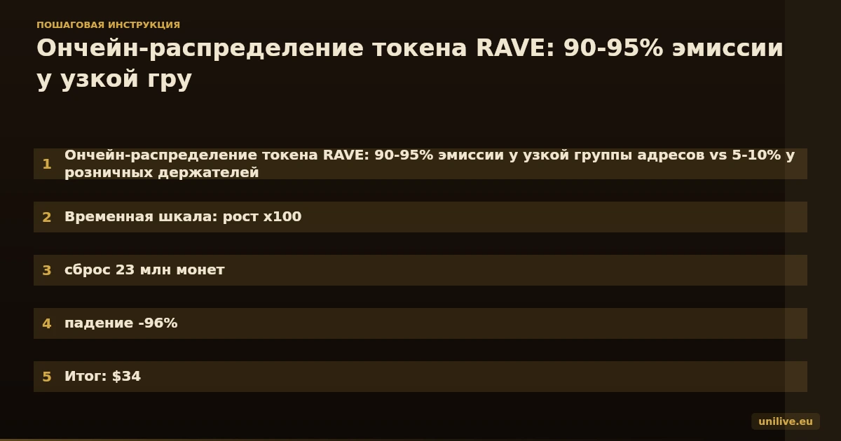 Ончейн-распределение токена RAVE: 90-95% эмиссии у узкой группы адресов vs 5-10% у розничных держателей. Временная шкала: рост x100, сброс 23 млн монет, падение -96%. Итог: $34,97 млн выведено на CEX за 24 часа.
