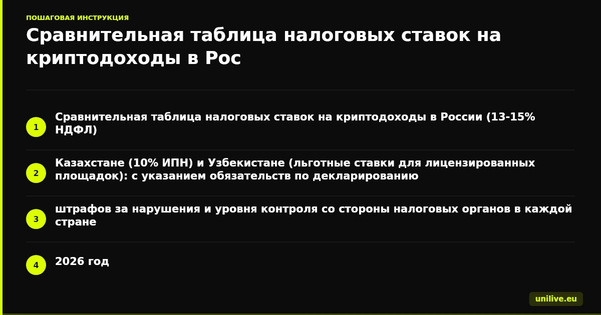 Сравнительная таблица налоговых ставок на криптодоходы в России (13-15% НДФЛ), Казахстане (10% ИПН) и Узбекистане (льготные ставки для лицензированных площадок): с указанием обязательств по декларированию, штрафов за нарушения и уровня контроля со стороны налоговых органов в каждой стране, 2026 год