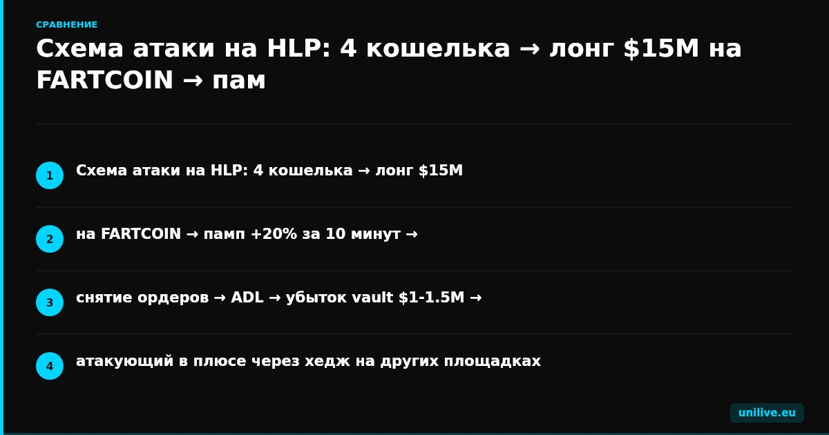 Схема атаки на HLP: 4 кошелька → лонг $15M на FARTCOIN → памп +20% за 10 минут → снятие ордеров → ADL → убыток vault $1-1.5M → атакующий в плюсе через хедж на других площадках