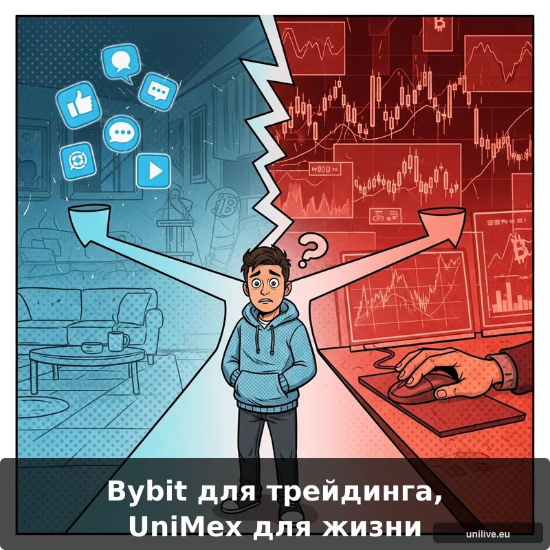 Мем: трейдер на распутье - выбор между Bybit для активного трейдинга и UniMex для жизни в Web3-экосистеме