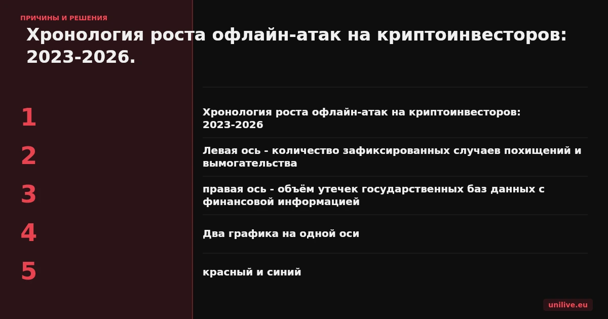 Хронология роста офлайн-атак на криптоинвесторов: 2023-2026. Левая ось - количество зафиксированных случаев похищений и вымогательства, правая ось - объём утечек государственных баз данных с финансовой информацией. Два графика на одной оси, красный и синий, показывают корреляцию между ростом утечек и ростом физических атак.
