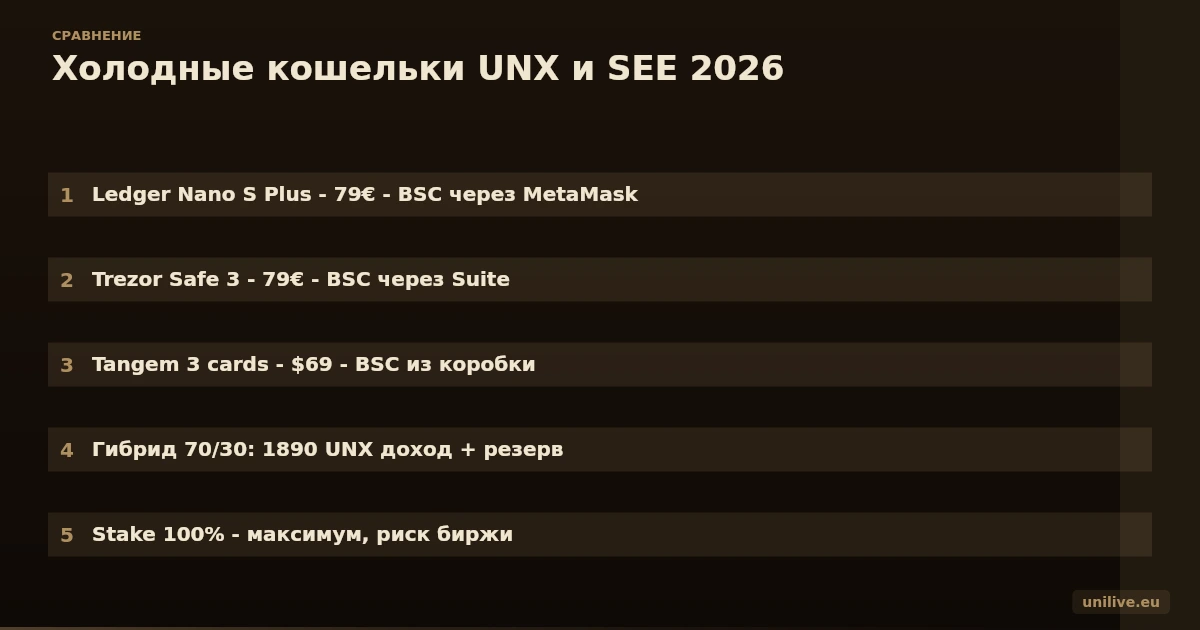 Инфографика: сравнение холодных кошельков для UNX и SEE - Ledger Nano S Plus, Trezor Safe 3, Tangem cards с ценами и поддержкой BSC, плюс схема разделения 70/30 между холодом и стейкингом