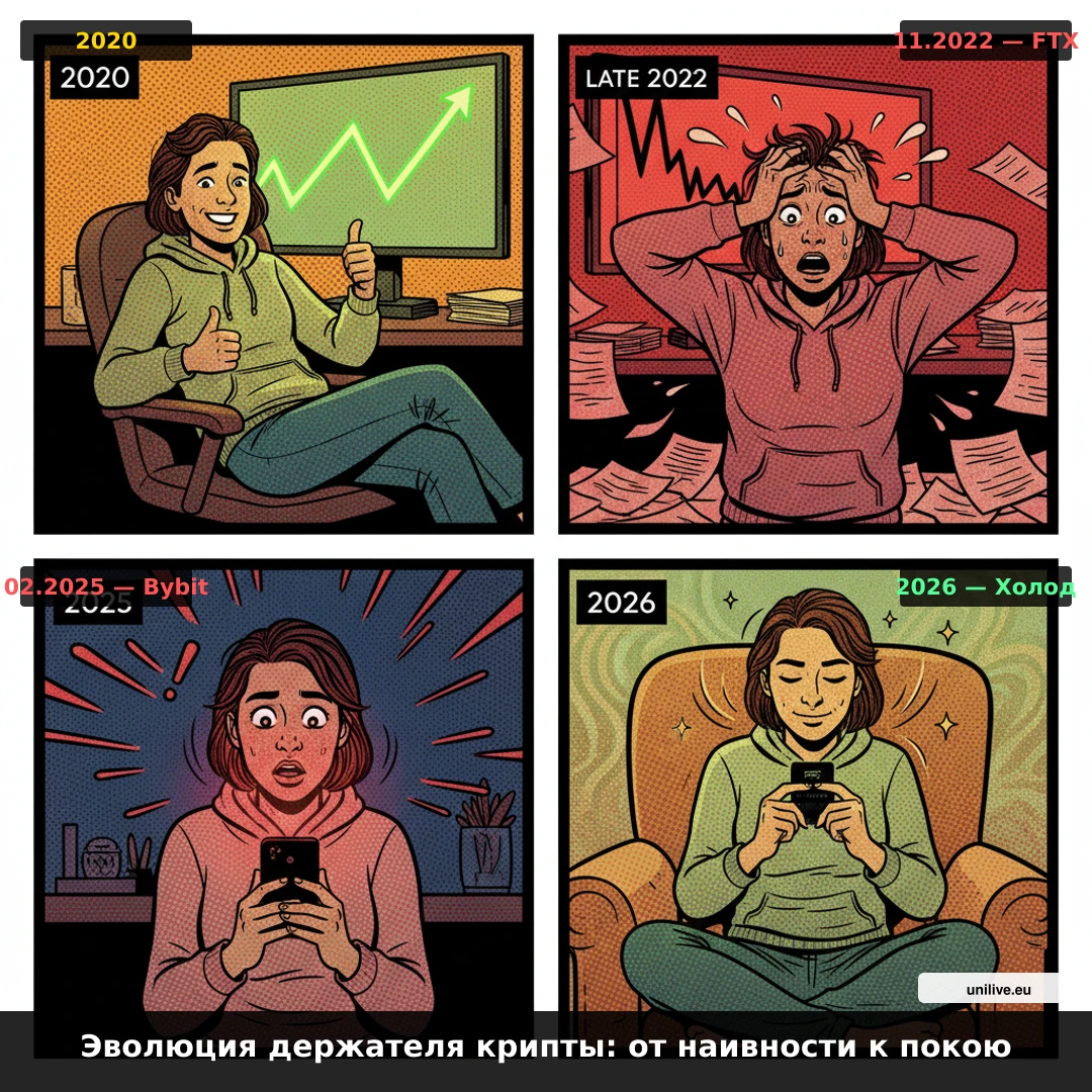 Комикс из четырёх кадров: эволюция держателя крипты с 2020 по 2026 год. 2020 - наивный оптимизм с растущим графиком. Ноябрь 2022 - паника от падения FTX. Февраль 2025 - ужас от взлома Bybit на 1,5 миллиарда долларов. 2026 - спокойствие с холодным кошельком в руке. Иллюстрация к статье про холодное хранение UNX и SEE.