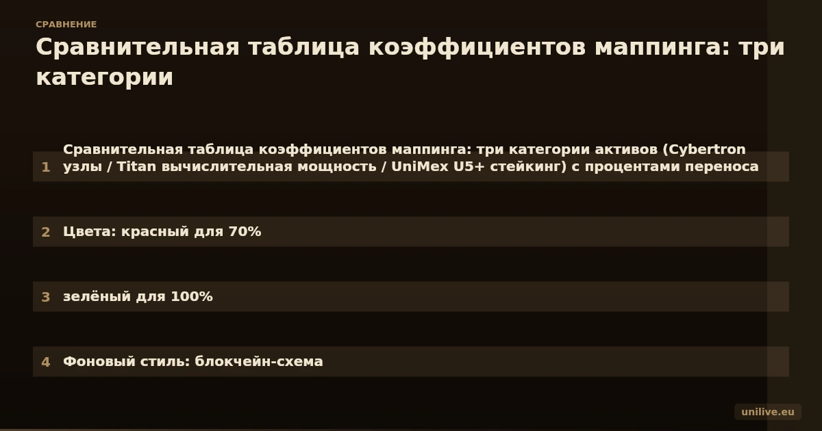 Сравнительная таблица коэффициентов маппинга: три категории активов (Cybertron узлы / Titan вычислительная мощность / UniMex U5+ стейкинг) с процентами переноса (70% / 100% / 100%) и условиями. Цвета: красный для 70%, зелёный для 100%. Фоновый стиль: блокчейн-схема.