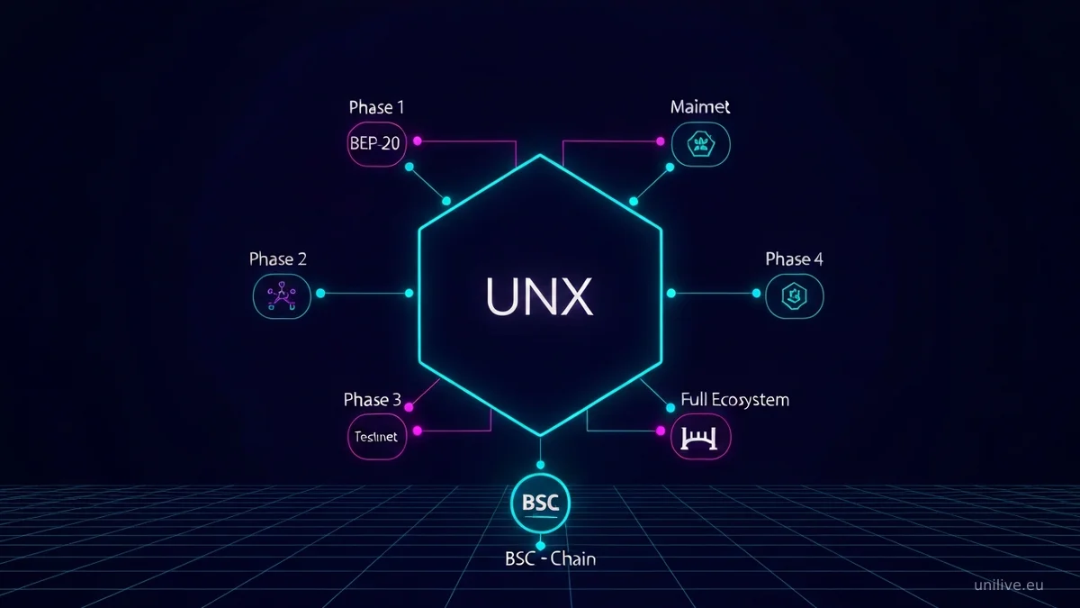 UNX Chain 2026: техническая архитектура Layer-1 от UniMex. Четыре фазы дорожной карты - BEP-20 wrapper, Testnet, Mainnet launch, Full ecosystem. Компоненты: PoS-консенсус, сеть валидаторов, газовый механизм, мост BSC. Тёмный технический стиль с неоновыми акцентами cyan и purple, светящиеся узлы, геометрические связи между блоками.