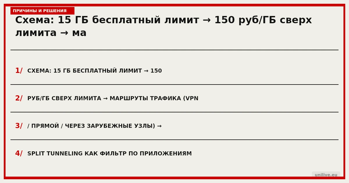 Схема: условный лимит 15 ГБ международного трафика → 150 руб/ГБ сверх лимита → варианты маршрутизации (VPN весь трафик / Split Tunneling по приложениям / резервный канал)