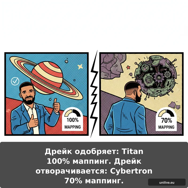 Дрейк одобряет: Titan 100% маппинг. Дрейк отворачивается: Cybertron 70% маппинг.