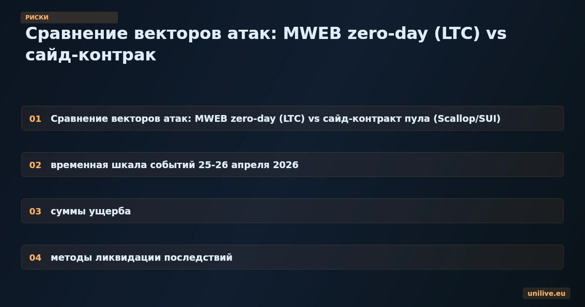 Сравнение векторов атак: MWEB zero-day (LTC) vs сайд-контракт пула (Scallop/SUI), временная шкала событий 25-26 апреля 2026, суммы ущерба, методы ликвидации последствий