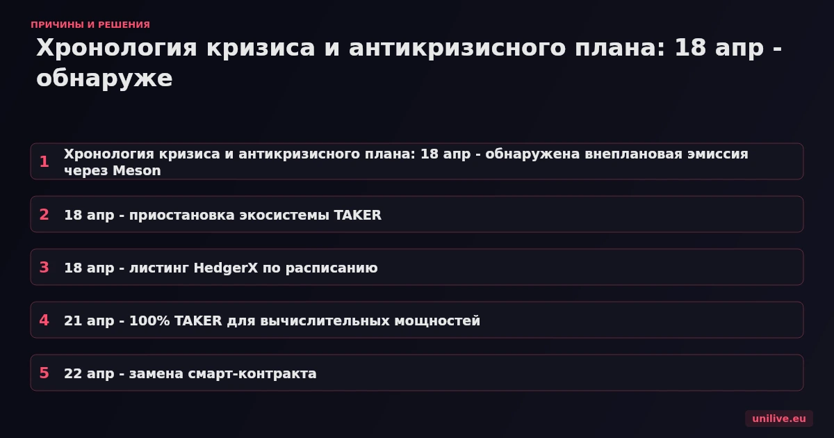 Хронология кризиса и антикризисного плана: 18 апр - обнаружена внеплановая эмиссия через Meson; 18 апр - приостановка экосистемы TAKER; 18 апр - листинг HedgerX по расписанию; 21 апр - 100% TAKER для вычислительных мощностей; 22 апр - замена смарт-контракта, своп 1:1; 23 апр - запуск дефляционного механизма с on-chain верификацией