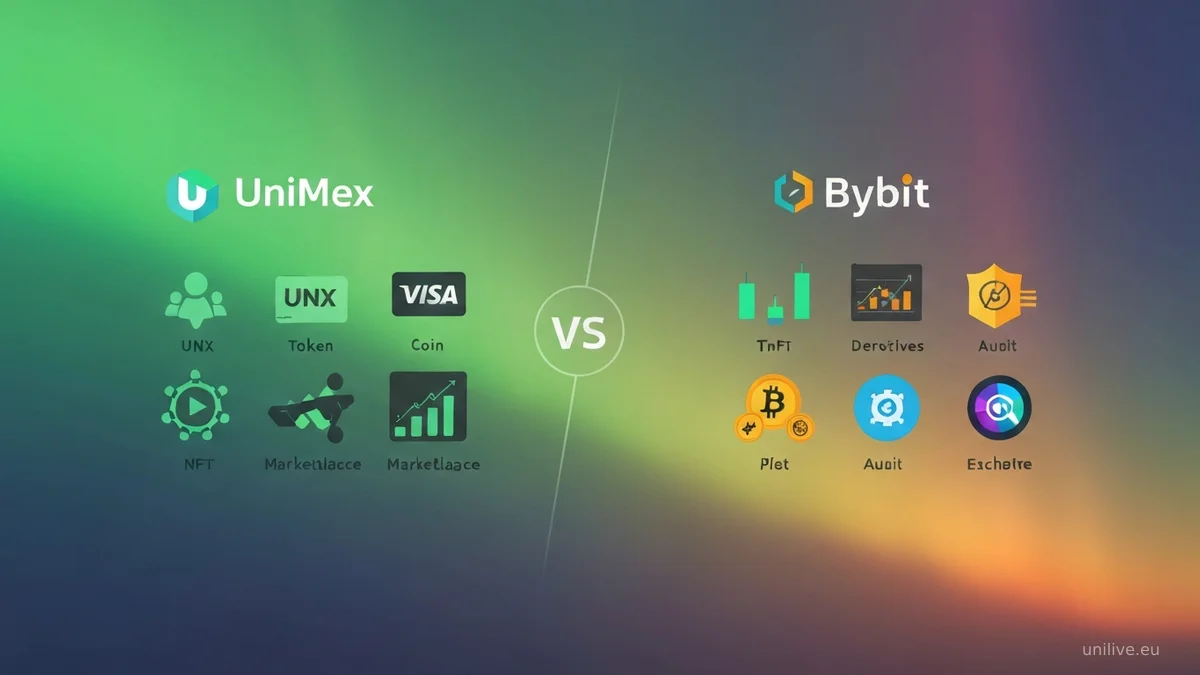UniMex vs Bybit 2026: сравнение двух криптобирж. Слева - UniMex (молодая платформа экосистемы UniLive, токен UNX, Cornerstone Plan стейкинг 270% APY, UniCard Visa 180 стран, интеграция с OpenSee и Planet Titan). Справа - Bybit (7 лет на рынке с 2018, $5-10 млрд дневной спот оборот, деривативы и опционы, Bybit Earn, 700+ монет, Proof of Reserve). Градиент aurora с зелёно-фиолетовыми акцентами, иконки продуктов, параметры в таблице.