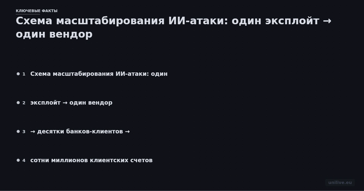 Схема масштабирования ИИ-атаки: один эксплойт → один вендор → десятки банков-клиентов → сотни миллионов клиентских счетов