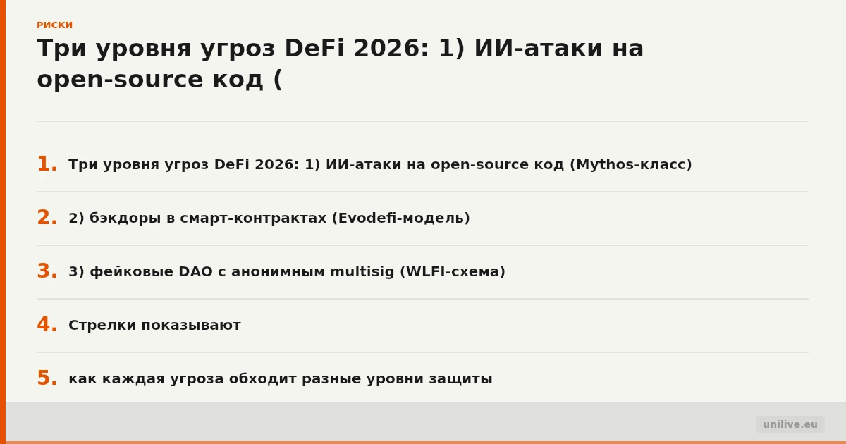 Три уровня угроз DeFi 2026: 1) ИИ-атаки на open-source код (Mythos-класс), 2) бэкдоры в смарт-контрактах (Evodefi-модель), 3) фейковые DAO с анонимным multisig (WLFI-схема). Стрелки показывают, как каждая угроза обходит разные уровни защиты.