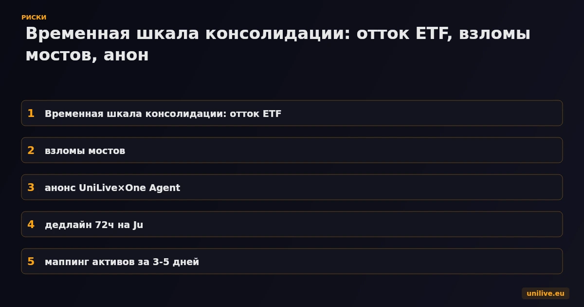 Временная шкала консолидации: рыночная фаза ожидания → анонс UniLive×One Agent 28 апреля → дедлайн 72 часа на регистрацию через Ju.com → маппинг активов 3-5 рабочих дней