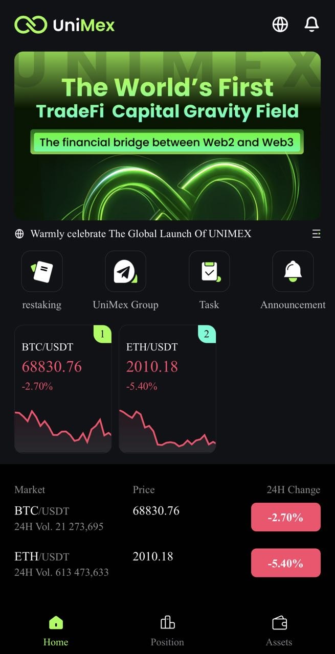 Интерфейс UniMex Exchange: торговые пары BTC/USDT и ETH/USDT, навигация и баннер TradeFi