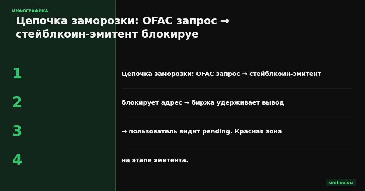 Цепочка заморозки: OFAC запрос → стейблкоин-эмитент блокирует адрес → биржа удерживает вывод → пользователь видит pending. Красная зона на этапе эмитента.