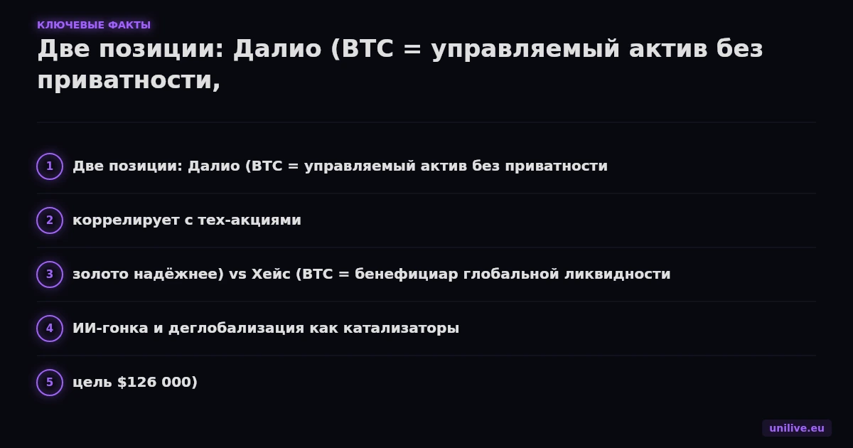 Две позиции: Далио (BTC = управляемый актив без приватности, коррелирует с тех-акциями, золото надёжнее) vs Хейс (BTC = бенефициар глобальной ликвидности, ИИ-гонка и деглобализация как катализаторы, цель $126 000)