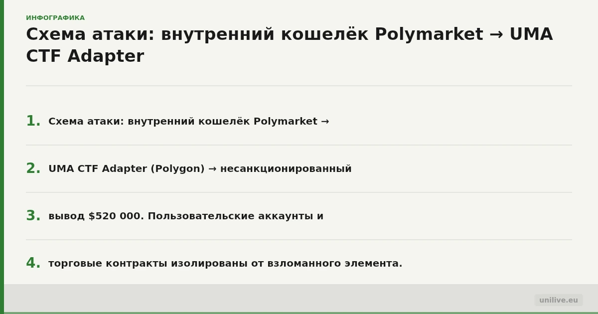 Схема атаки: внутренний кошелёк Polymarket → UMA CTF Adapter (Polygon) → несанкционированный вывод $520 000. Пользовательские аккаунты и торговые контракты изолированы от взломанного элемента.