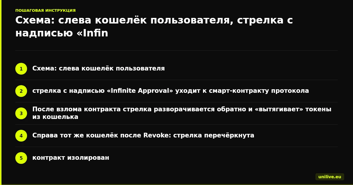 Схема: слева кошелёк пользователя, стрелка с надписью «Infinite Approval» уходит к смарт-контракту протокола. После взлома контракта стрелка разворачивается обратно и «вытягивает» токены из кошелька. Справа тот же кошелёк после Revoke: стрелка перечёркнута, контракт изолирован.