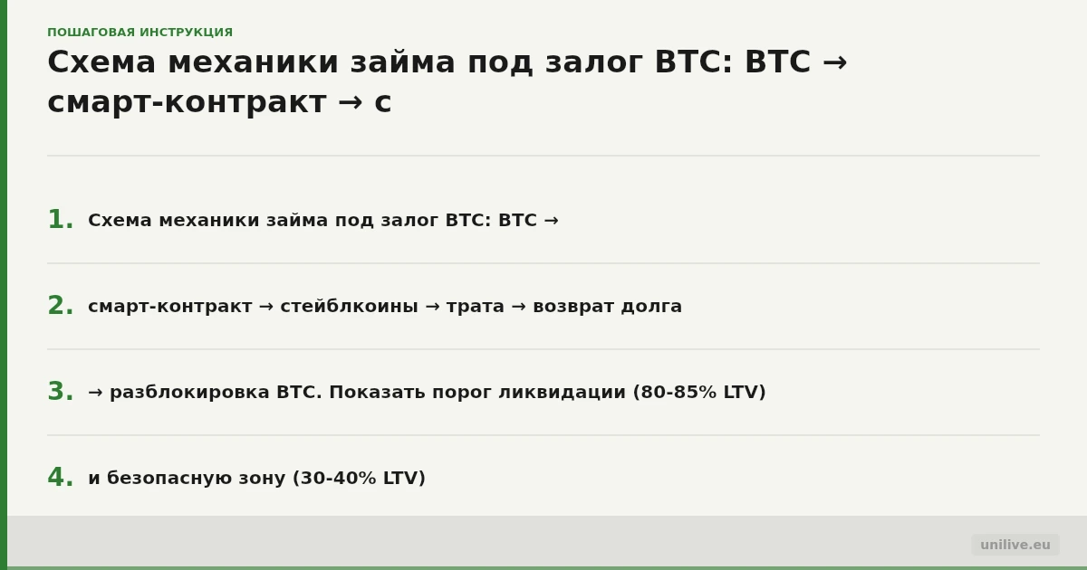 Схема механики займа под залог BTC: BTC → смарт-контракт → стейблкоины → трата → возврат долга → разблокировка BTC. Показать порог ликвидации (80-85% LTV) и безопасную зону (30-40% LTV)