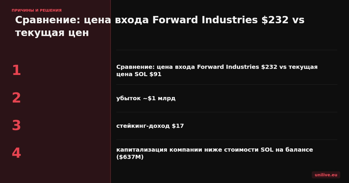 Сравнение: цена входа Forward Industries $232 vs текущая цена SOL $91, убыток ~$1 млрд, стейкинг-доход $17.4M, капитализация компании ниже стоимости SOL на балансе ($637M).