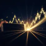 Абстрактная визуализация роста POTS Market: потоки информации превращаются в восходящие ценовые кривые на тёмном фоне