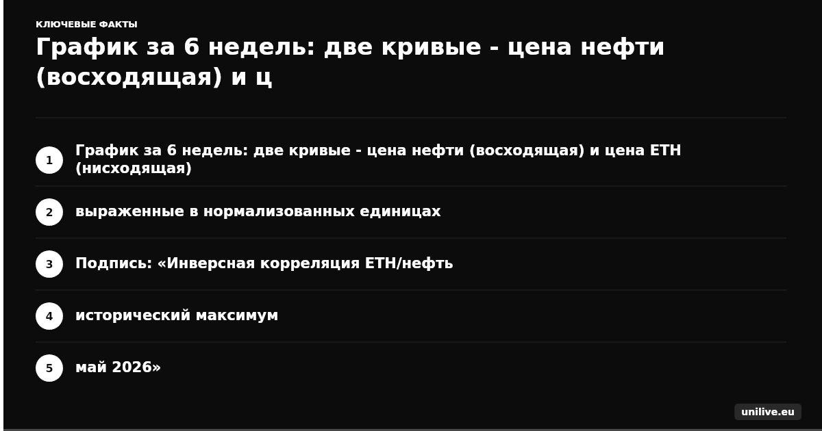 График за 6 недель: две кривые - цена нефти (восходящая) и цена ETH (нисходящая), выраженные в нормализованных единицах. Подпись: «Инверсная корреляция ETH/нефть, исторический максимум, май 2026»