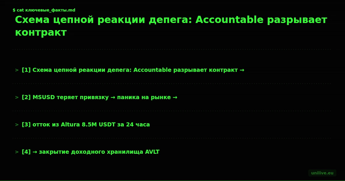 Схема цепной реакции депега: Accountable разрывает контракт → MSUSD теряет привязку → паника на рынке → отток из Altura 8.5M USDT за 24 часа → закрытие доходного хранилища AVLT