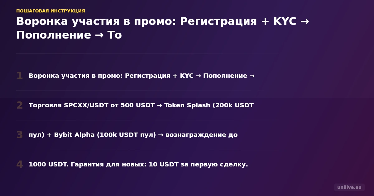 Воронка участия в промо: Регистрация + KYC → Пополнение → Торговля SPCXX/USDT от 500 USDT → Token Splash (200k USDT пул) + Bybit Alpha (100k USDT пул) → вознаграждение до 1000 USDT. Гарантия для новых: 10 USDT за первую сделку.