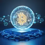 Прозрачная криптосфера с символом биткоина, окружённая потоками данных оракулов Chainlink