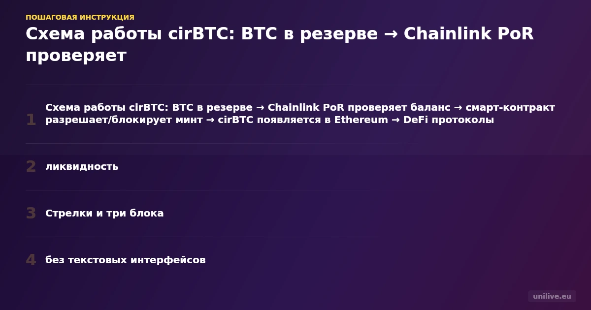 Схема работы cirBTC: BTC в резерве → Chainlink PoR проверяет баланс → смарт-контракт разрешает/блокирует минт → cirBTC появляется в Ethereum → DeFi протоколы (кредитование, ликвидность, OTC). Стрелки и три блока, без текстовых интерфейсов