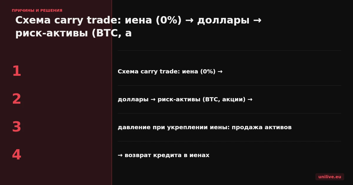 Схема carry trade: иена (0%) → доллары → риск-активы (BTC, акции) → давление при укреплении иены: продажа активов → возврат кредита в иенах
