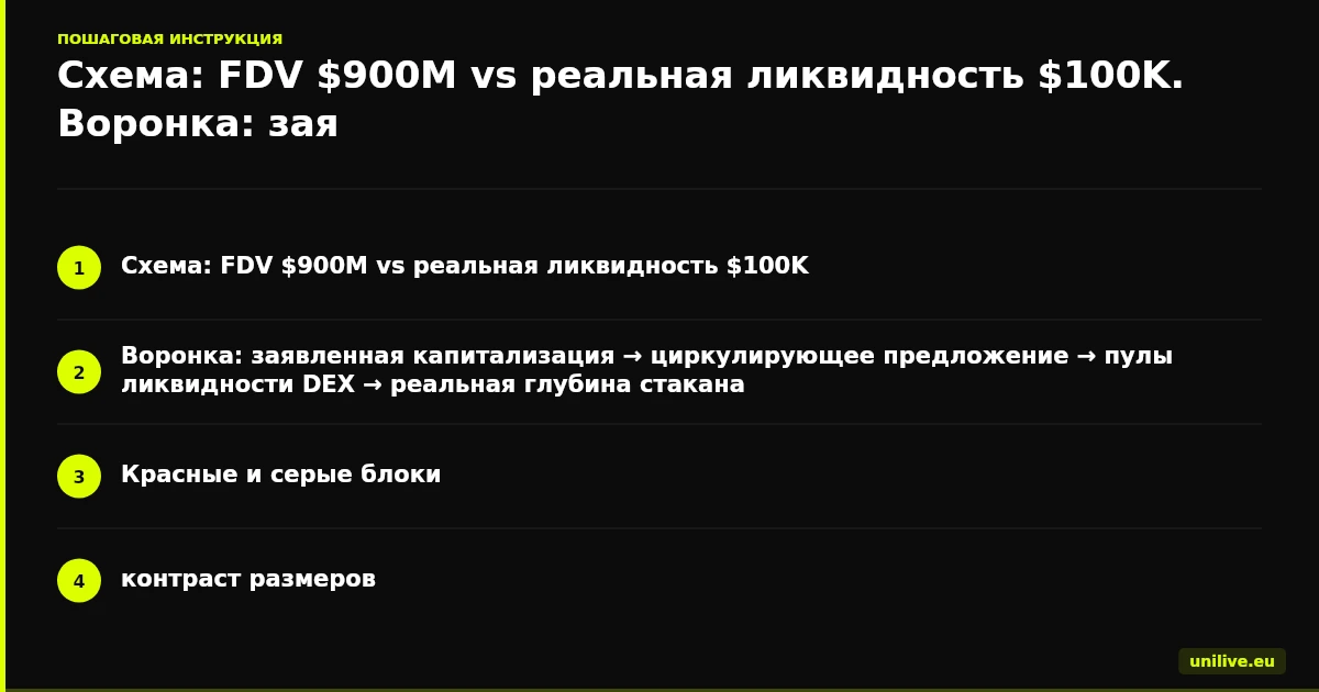 Схема: FDV $900M vs реальная ликвидность $100K. Воронка: заявленная капитализация → циркулирующее предложение → пулы ликвидности DEX → реальная глубина стакана. Красные и серые блоки, контраст размеров.