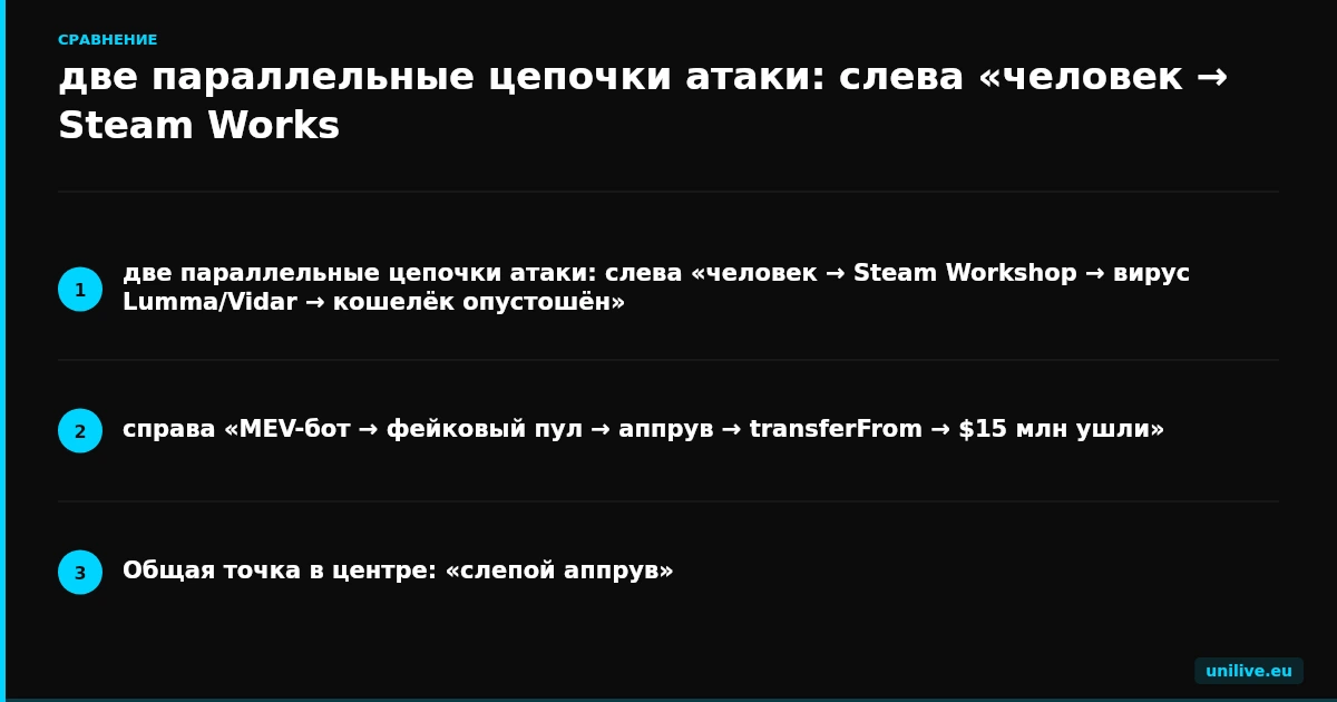 две параллельные цепочки атаки: слева «человек → Steam Workshop → вирус Lumma/Vidar → кошелёк опустошён», справа «MEV-бот → фейковый пул → аппрув → transferFrom → $15 млн ушли». Общая точка в центре: «слепой аппрув»