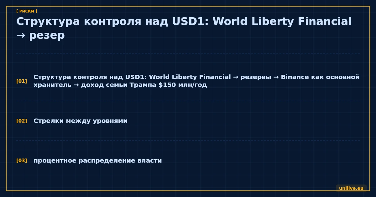 Структура контроля над USD1: World Liberty Financial → резервы → Binance как основной хранитель → доход семьи Трампа $150 млн/год. Стрелки между уровнями, суммы, процентное распределение власти