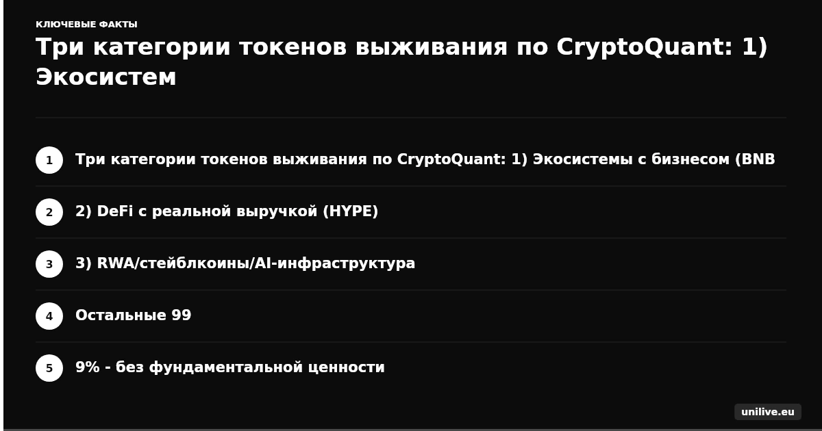 Три категории токенов выживания по CryptoQuant: 1) Экосистемы с бизнесом (BNB, TON), 2) DeFi с реальной выручкой (HYPE), 3) RWA/стейблкоины/AI-инфраструктура. Остальные 99,9% - без фундаментальной ценности.