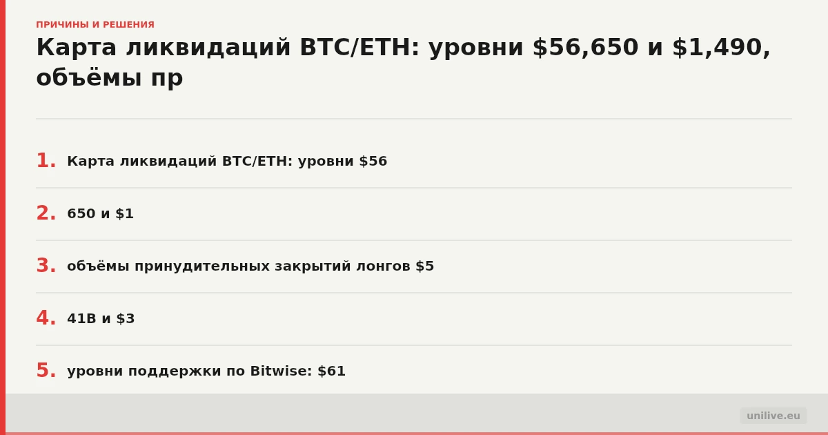 Карта ликвидаций BTC/ETH: уровни $56,650 и $1,490, объёмы принудительных закрытий лонгов $5.41B и $3.23B, уровни поддержки по Bitwise: $61,000 и $48,000, таймлайн прогнозов ФРС от Goldman