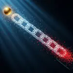 Абстрактная визуализация supply-chain атаки на Web3 кошелёк: цифровая цепь разрушается на фрагменты кода, одна изолированная сфера остаётся защищённой